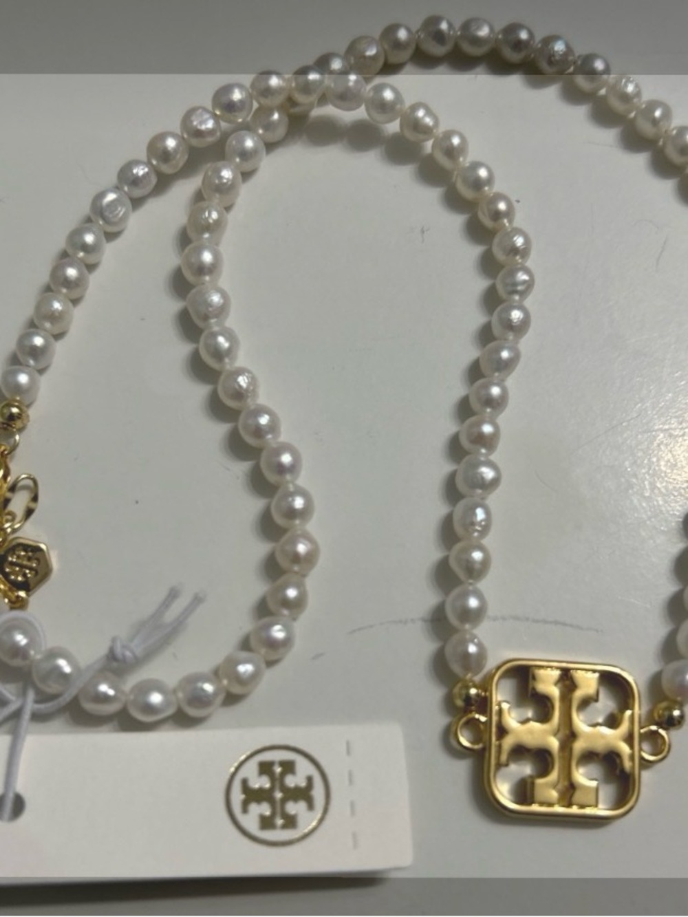 Tory Burch Pearl Necklace with Gold Logo Charm